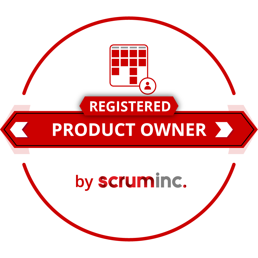 A red and white badge that has a graduation cap at the top. It reads Scrum Master.